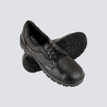 Jumbo PU Safety Shoes with steel toe cap, chemical-resistant buff leather, skid-resistant PU moulded sole, and shock-absorbing features.