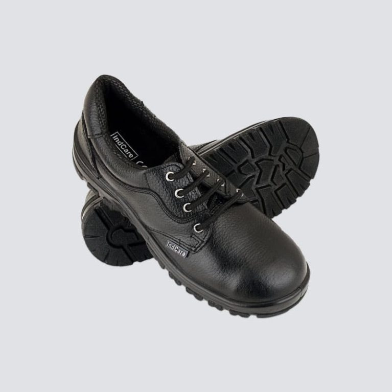 Jumbo PU Safety Shoes with steel toe cap, chemical-resistant buff leather, skid-resistant PU moulded sole, and shock-absorbing features.