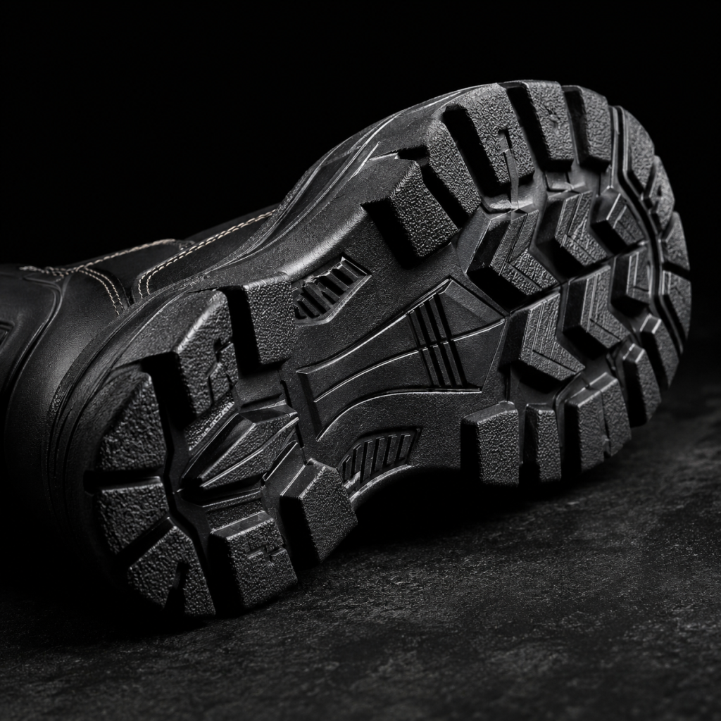 Anti-slip tread pattern on industrial safety shoe outsole — slip resistance for Indian factory floors