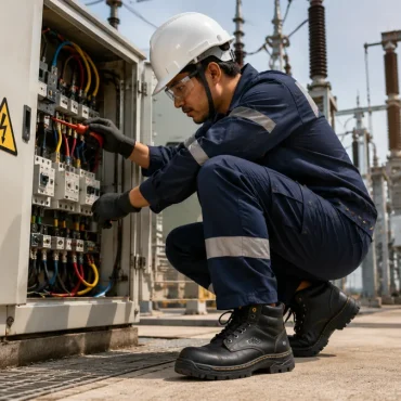 Electrical hazard safety shoes worn by engineer at high-voltage substation