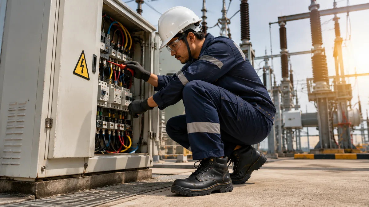 Electrical hazard safety shoes worn by engineer at high-voltage substation