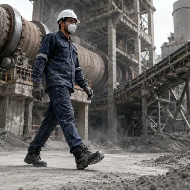 Safety shoes for cement industry workers near rotary kiln in India