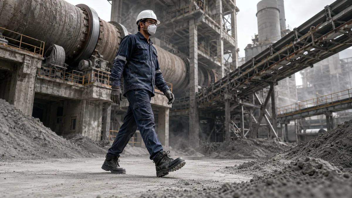 Safety shoes for cement industry workers near rotary kiln in India