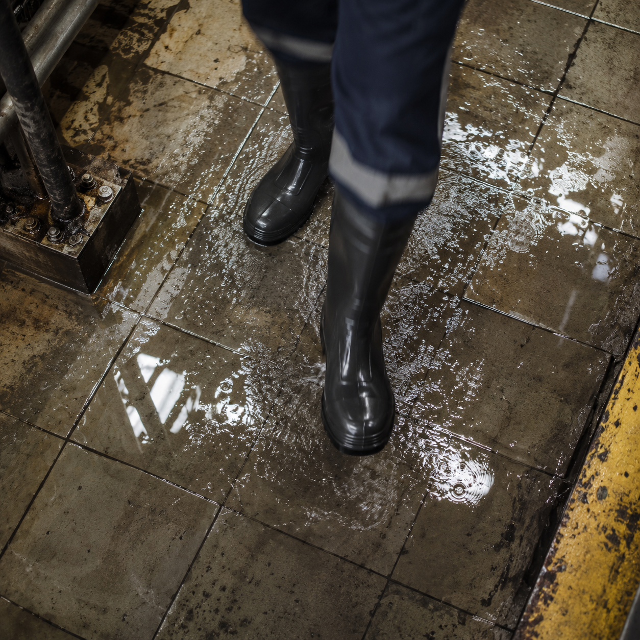 Safety boots on wet factory floor — Indcare safety footwear built for Indian industrial conditions