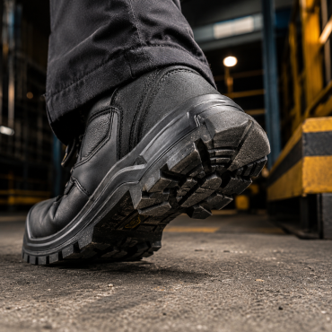 Heavy-duty safety boot sole showing anti-slip tread — safety shoes built for tough industrial use