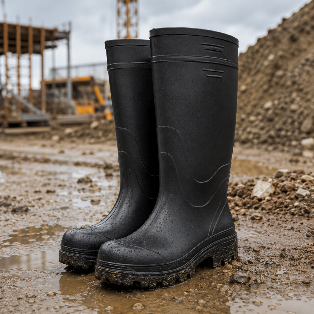 Black industrial PVC safety gumboots with steel toe cap and anti-slip sole — Indcare by Mittal Safety Works Delhi