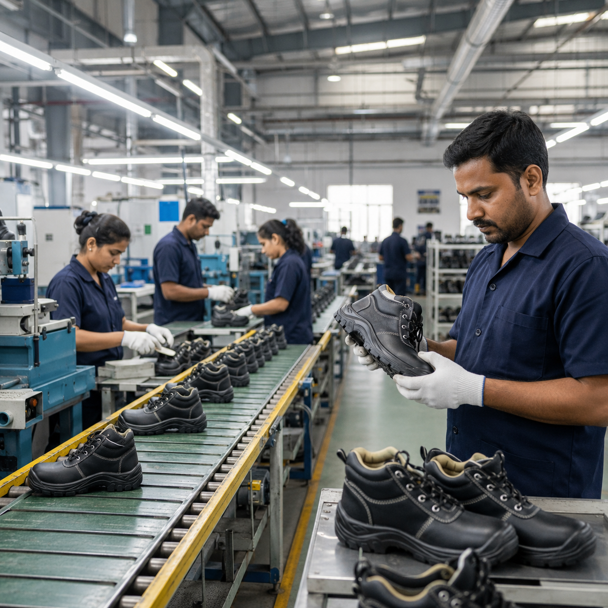 Mittal Safety Works safety shoe manufacturing facility in Mangolpuri Delhi — Indcare production line ISO 9001 quality control