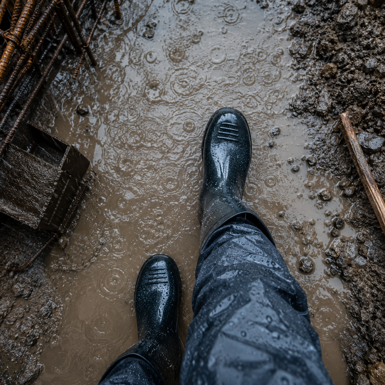 Worker wearing PVC safety gumboots on flooded Indian construction site during monsoon — waterproof industrial footwear