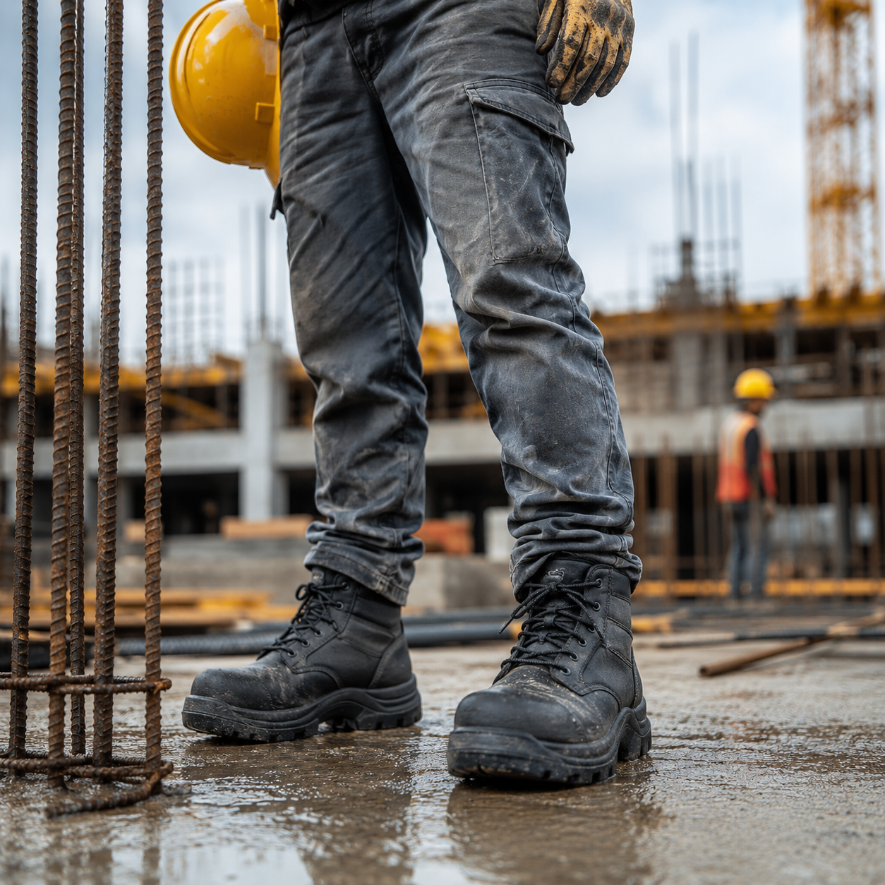 Indian construction worker wearing steel-toe safety boots on building site — IS:15298 certified construction footwear