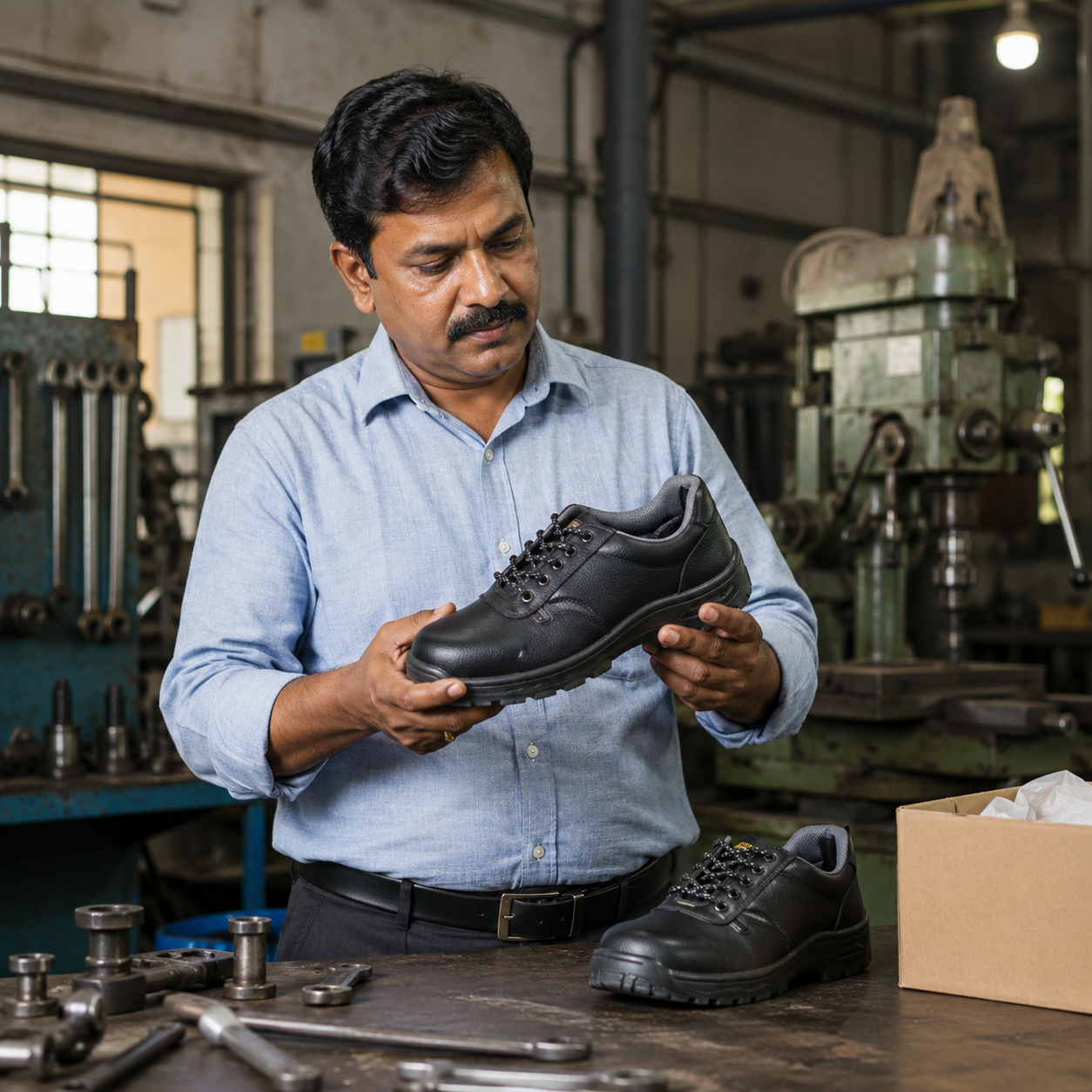 Small Indian factory owner inspecting certified safety shoes in workshop — IS:15298 procurement guide for SMEs