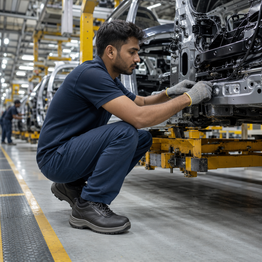 Automotive assembly worker wearing safety shoes in modern Indian automobile manufacturing plant — Indcare by Mittal Safety Works