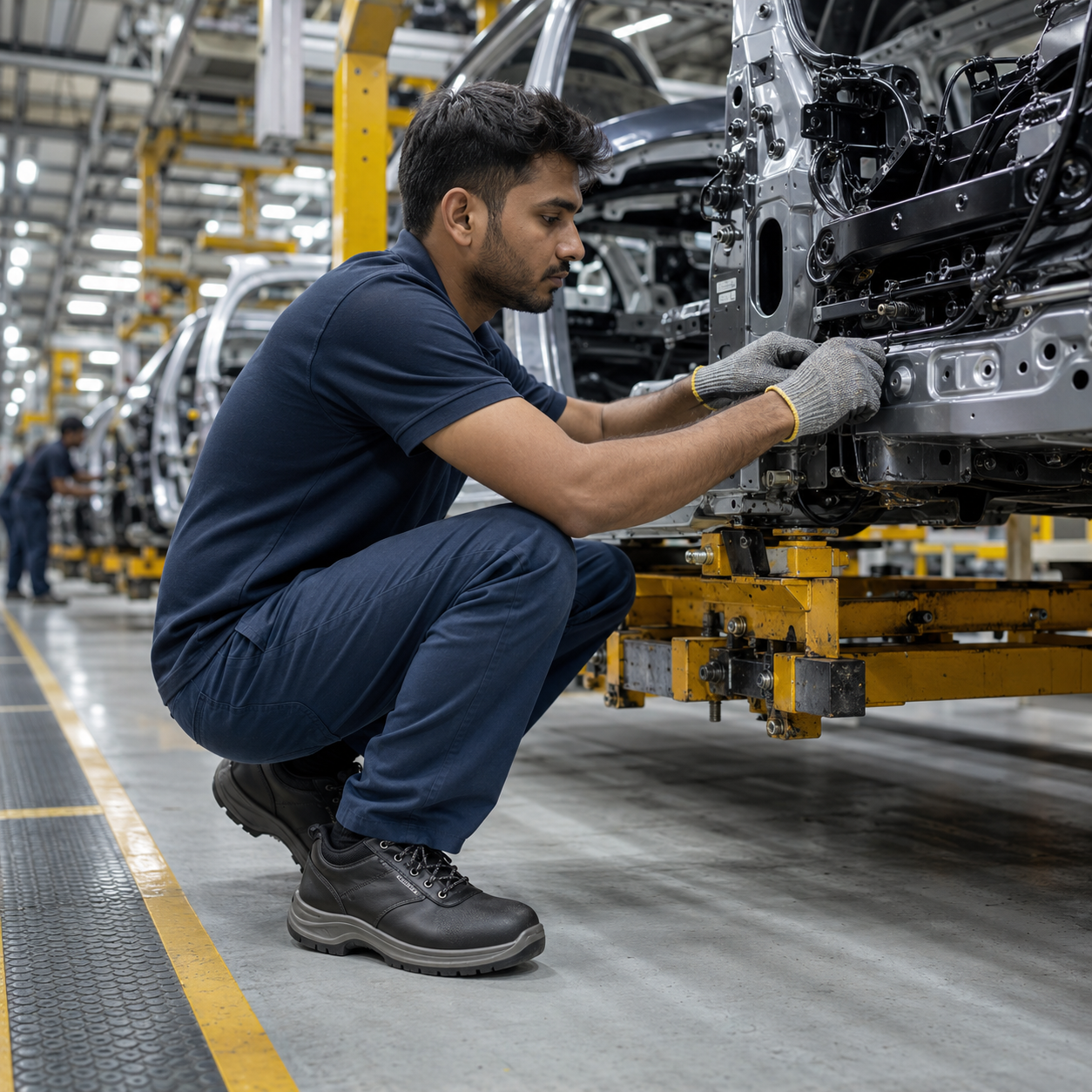 Automotive assembly worker wearing safety shoes in modern Indian automobile manufacturing plant — Indcare by Mittal Safety Works