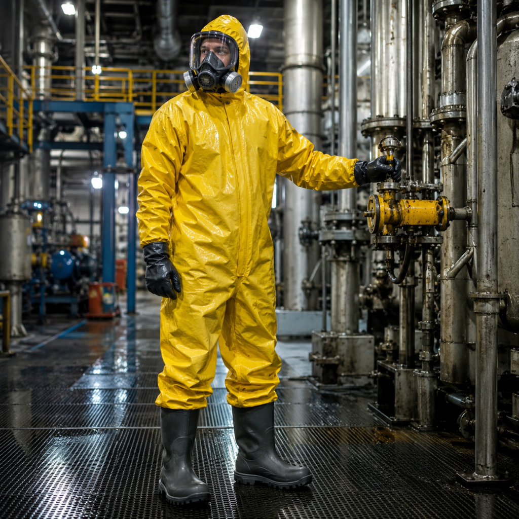 Worker in chemical-resistant PVC safety boots in industrial chemical processing plant — Indcare by Mittal Safety Works