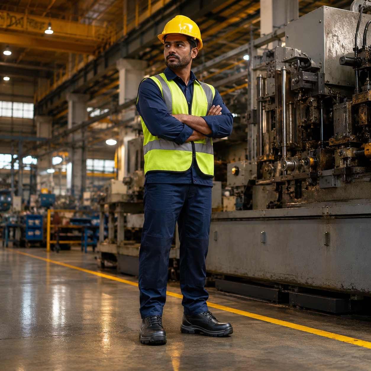 Indian manufacturing worker wearing Indcare steel-toe PU safety shoes on factory floor — BIS IS:15298 certified