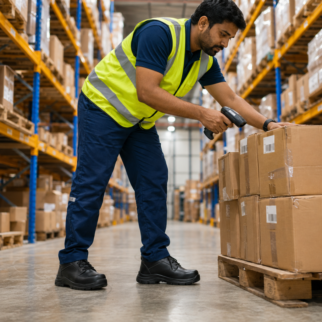 Warehouse logistics worker wearing Indcare safety shoes in Indian fulfilment centre — anti-fatigue industrial footwear