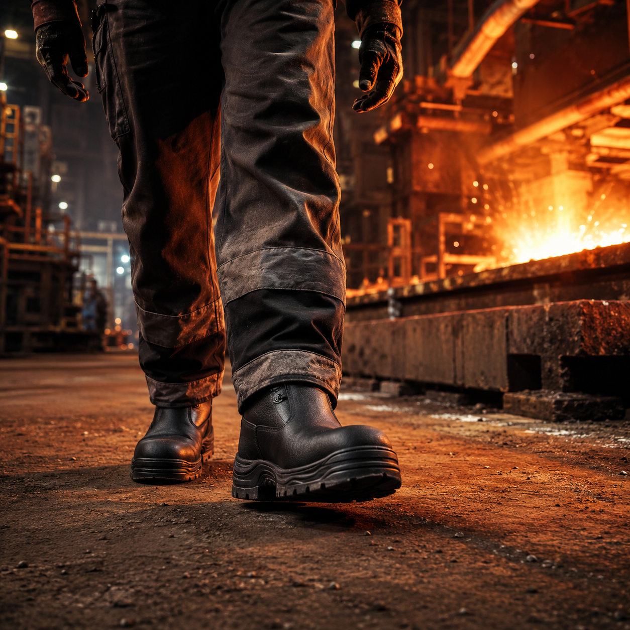 Steel plant worker wearing heavy-duty safety boots near molten metal — extreme duty industrial safety footwear India