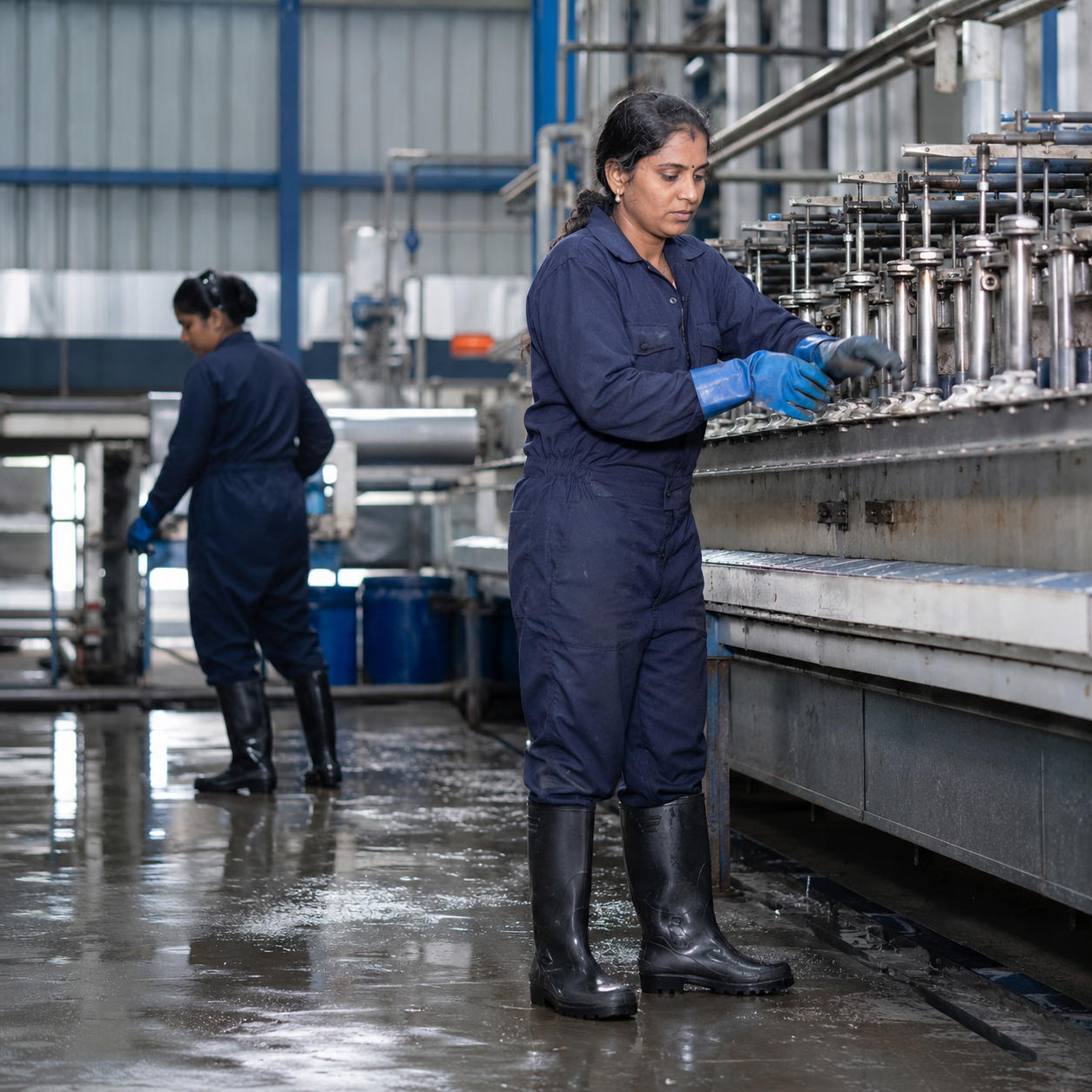 Indian female factory worker wearing certified safety shoes on manufacturing floor — women's industrial footwear