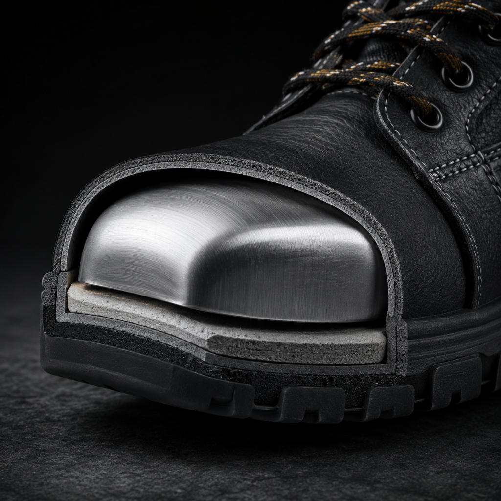 Steel toe cap cross-section in industrial safety shoe — steel toe vs composite toe comparison IS:15298 India