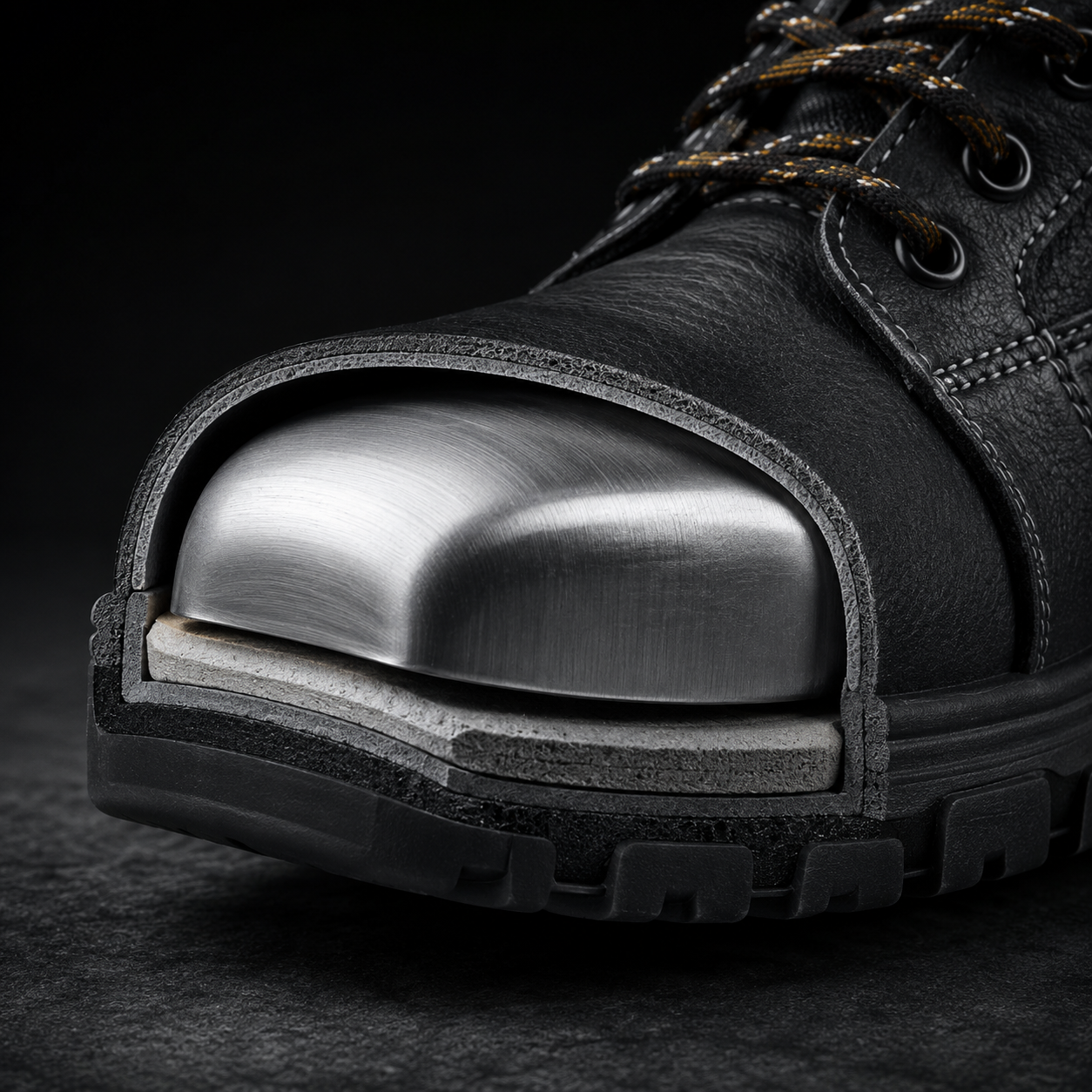 Steel toe cap cross-section in industrial safety shoe — steel toe vs composite toe comparison IS:15298 India