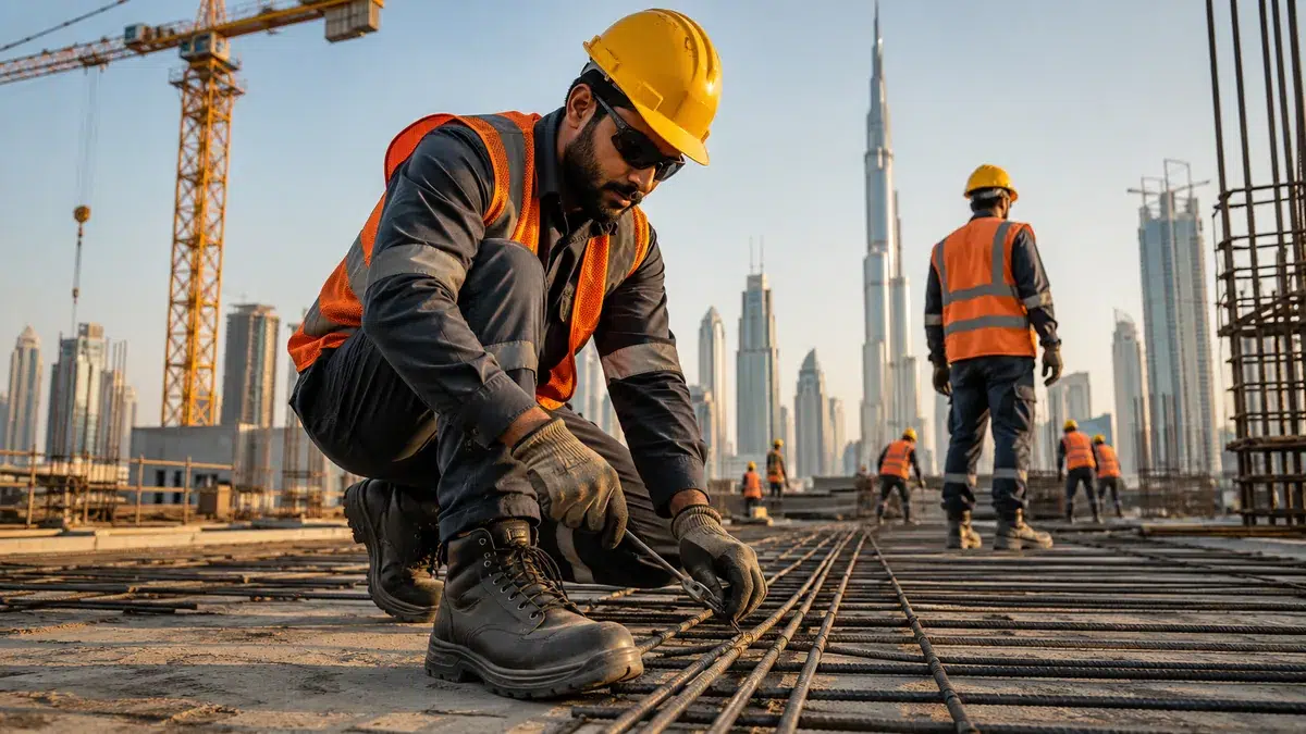 Safety shoes for UAE construction workers on a high-rise building site