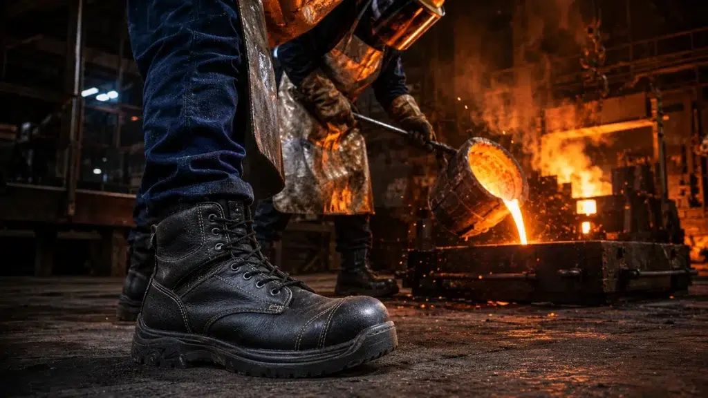 Heat-resistant safety shoes worn by foundry worker near industrial furnace