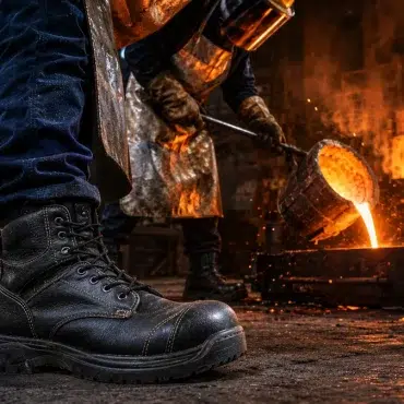 Heat-resistant safety shoes worn by foundry worker near industrial furnace