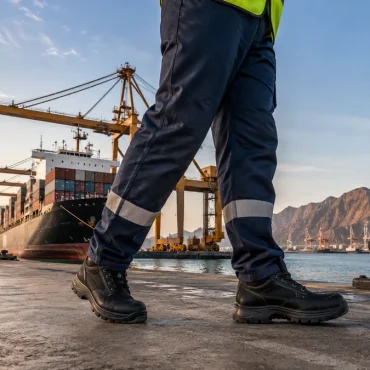 Industrial port worker in safety boots at a Gulf port in Kuwait or Oman