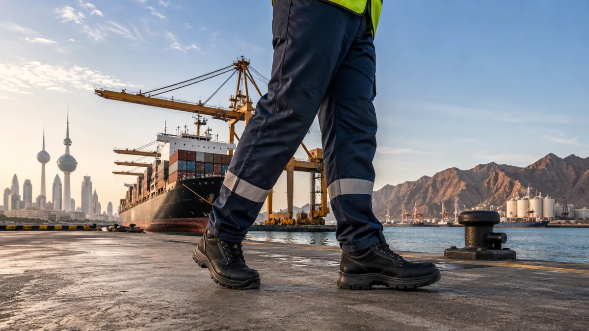 Industrial port worker in safety boots at a Gulf port in Kuwait or Oman