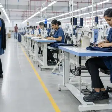 Female garment factory workers in safety shoes at Indian textile manufacturing plant