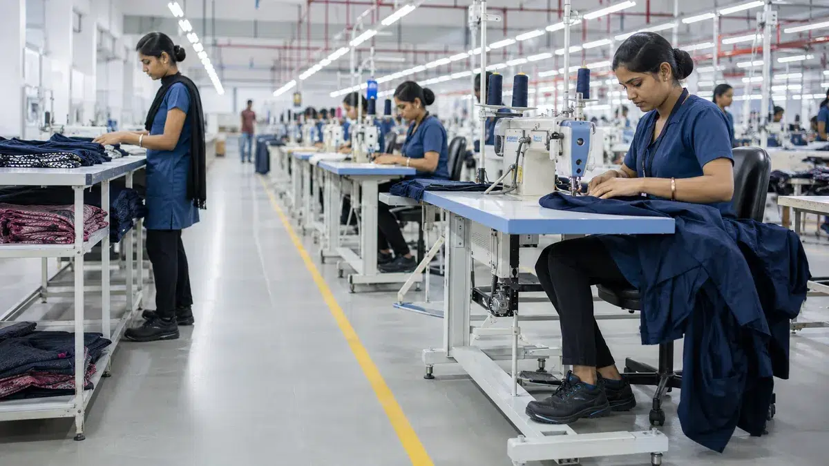 Female garment factory workers in safety shoes at Indian textile manufacturing plant