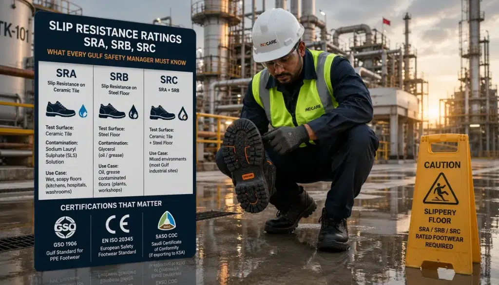 Safety officer inspecting SRC-rated safety boot outsole at Gulf industrial facility