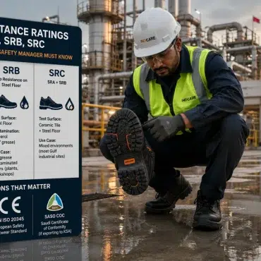 Safety officer inspecting SRC-rated safety boot outsole at Gulf industrial facility