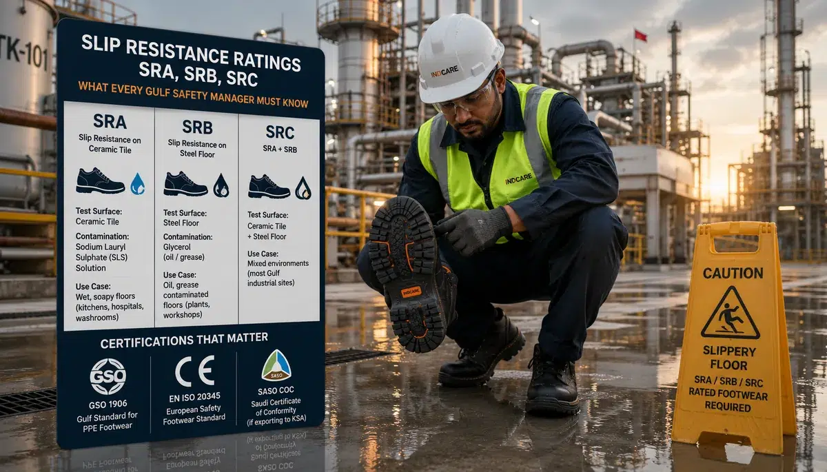 Safety officer inspecting SRC-rated safety boot outsole at Gulf industrial facility