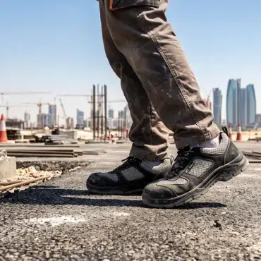 Construction worker in breathable safety boots on a Gulf site under intense summer sun