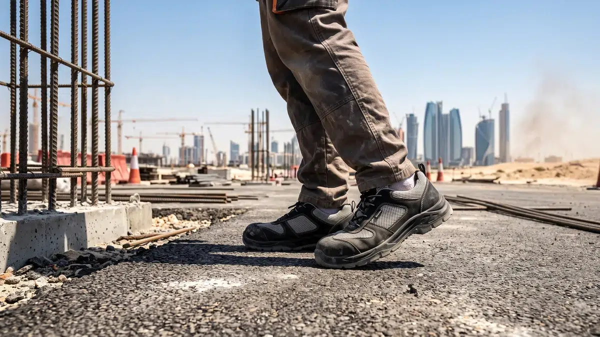 Construction worker in breathable safety boots on a Gulf site under intense summer sun