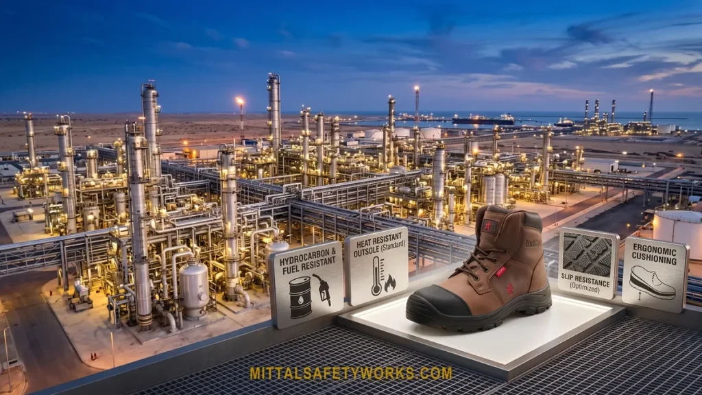 Product showcase of IndCare industrial safety footwear highlighting key protective features: a rugged brown leather work boot sits on a gantry platform overlooking a massive illuminated refinery. Floating infographic panels detail specific protections: 'HYDROCARBON & FUEL RESISTANT' with a oil drum and nozzle icon; 'HEAT RESISTANT OUTSOLE (Standard)' with a thermometer and flame icon; 'SLIP RESISTANCE (Optimized)' with a tread detail graphic; and 'ERGONOMIC CUSHIONING' with a diagram of the midsole. This image is designed to rank for searches related to high-specification industrial work boots.