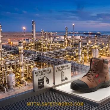 Product showcase of IndCare industrial safety footwear highlighting key protective features: a rugged brown leather work boot sits on a gantry platform overlooking a massive illuminated refinery. Floating infographic panels detail specific protections: 'HYDROCARBON & FUEL RESISTANT' with a oil drum and nozzle icon; 'HEAT RESISTANT OUTSOLE (Standard)' with a thermometer and flame icon; 'SLIP RESISTANCE (Optimized)' with a tread detail graphic; and 'ERGONOMIC CUSHIONING' with a diagram of the midsole. This image is designed to rank for searches related to high-specification industrial work boots.