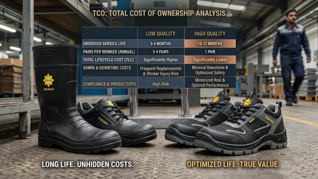 Worn safety boot beside a new safety boot illustrating replacement cycle cost comparison