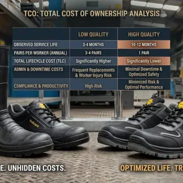 Worn safety boot beside a new safety boot illustrating replacement cycle cost comparison