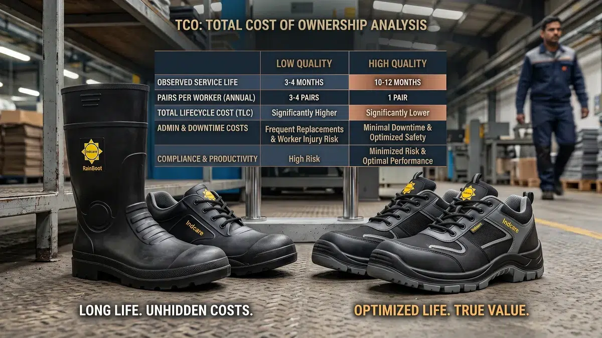 Worn safety boot beside a new safety boot illustrating replacement cycle cost comparison